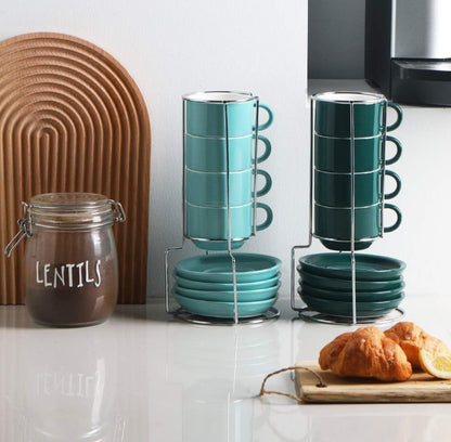 Tazas de café de porcelana con platillos, tazas de capuchino apilables de 4 onzas con soporte de metal para café, latte, té - 4 unidades 