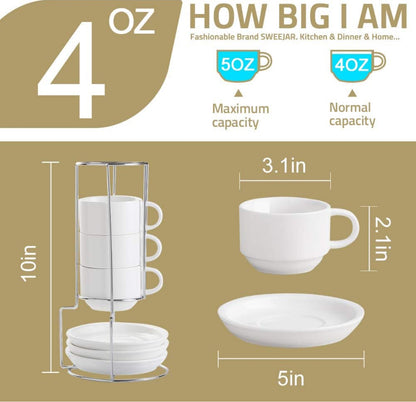Tazas de café de porcelana con platillos, tazas de capuchino apilables de 4 onzas con soporte de metal para café, latte, té - 4 unidades 