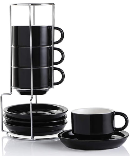 Tazas de café de porcelana con platillos, tazas de capuchino apilables de 4 onzas con soporte de metal para café, latte, té - 4 unidades 