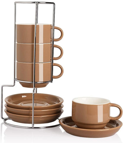 Tazas de café de porcelana con platillos, tazas de capuchino apilables de 4 onzas con soporte de metal para café, latte, té - 4 unidades 