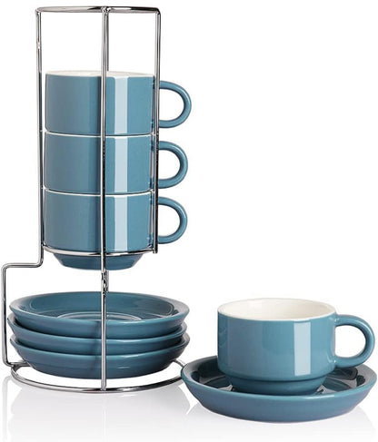 Tazas de café de porcelana con platillos, tazas de capuchino apilables de 4 onzas con soporte de metal para café, latte, té - 4 unidades 