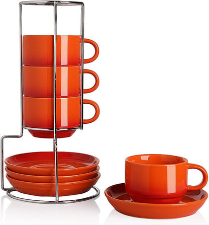 Tazas de café de porcelana con platillos, tazas de capuchino apilables de 4 onzas con soporte de metal para café, latte, té - 4 unidades 
