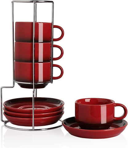 Tazas de café de porcelana con platillos, tazas de capuchino apilables de 4 onzas con soporte de metal para café, latte, té - 4 unidades 