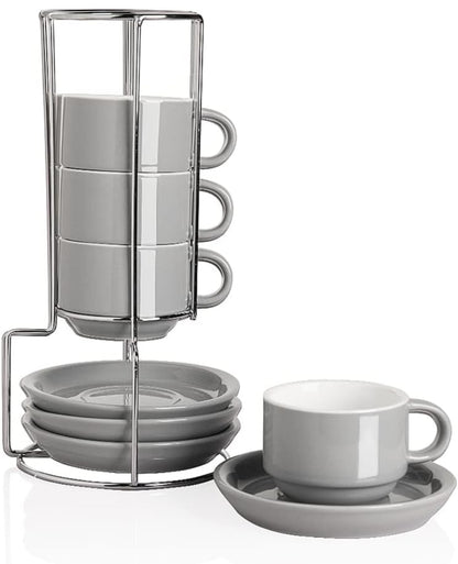 Tazas de café de porcelana con platillos, tazas de capuchino apilables de 4 onzas con soporte de metal para café, latte, té - 4 unidades 