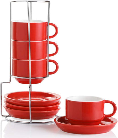 Tazas de café de porcelana con platillos, tazas de capuchino apilables de 4 onzas con soporte de metal para café, latte, té - 4 unidades 