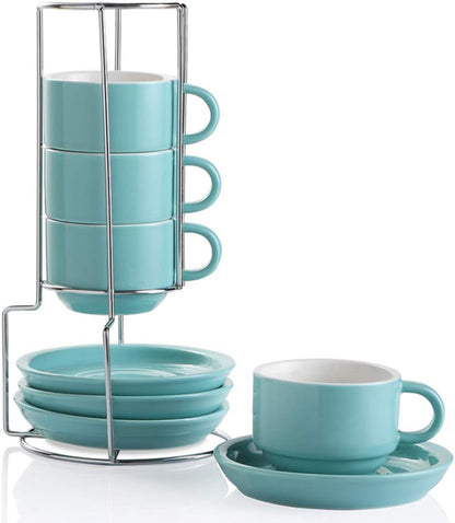 Tazas de café de porcelana con platillos, tazas de capuchino apilables de 4 onzas con soporte de metal para café, latte, té - 4 unidades 