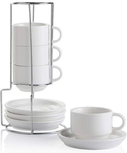 Tazas de café de porcelana con platillos, tazas de capuchino apilables de 4 onzas con soporte de metal para café, latte, té - 4 unidades 
