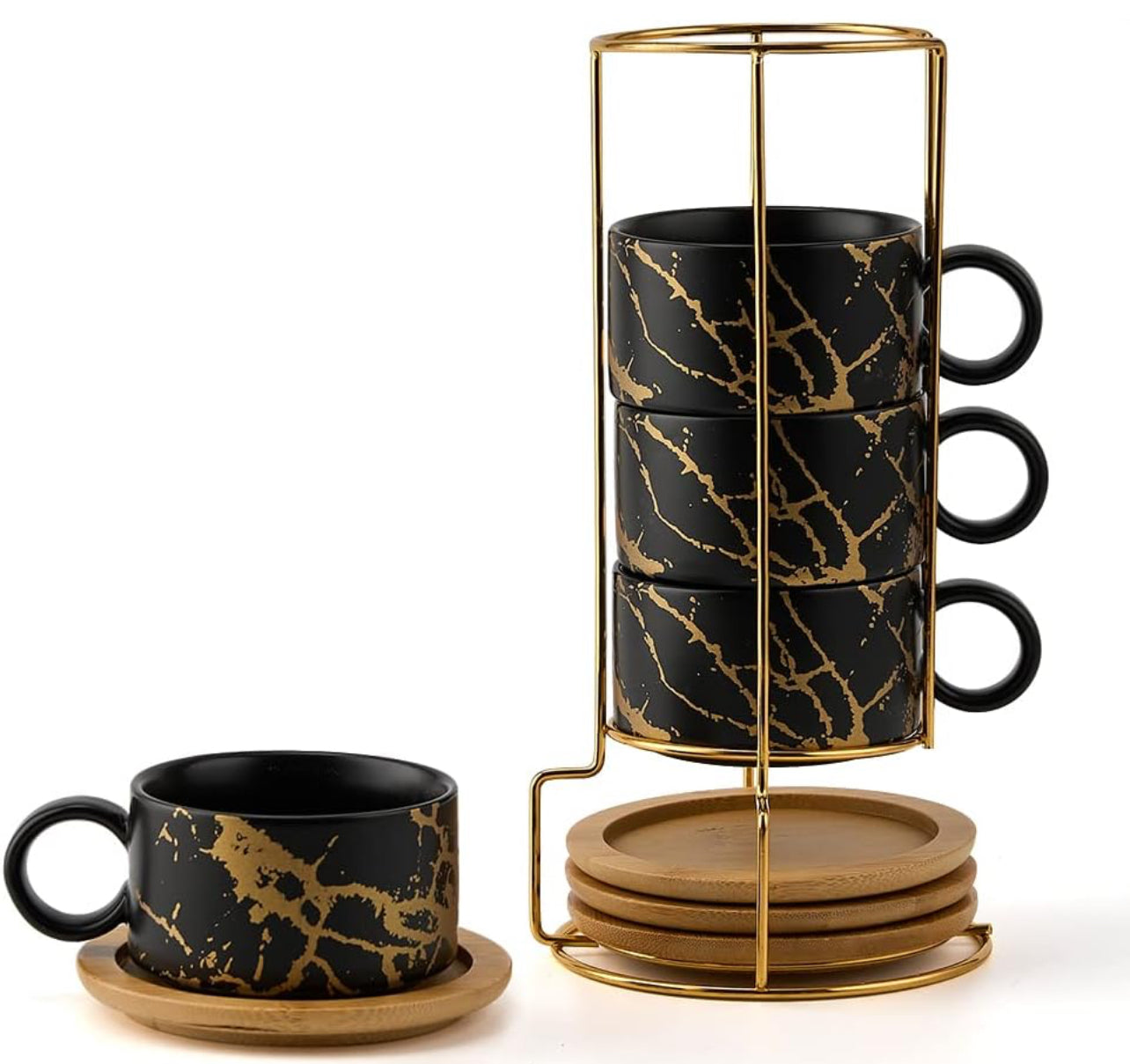 Taza de café expreso de porcelana con platillo y soporte de metal, 6 onzas líquidas apilables de cerámica Demitasse