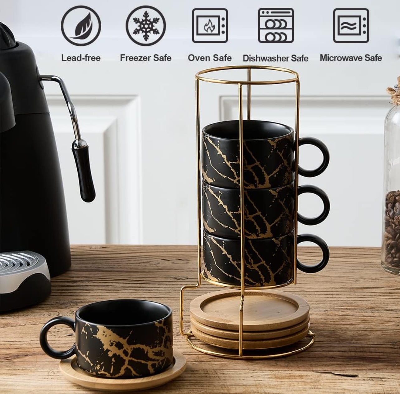Taza de café expreso de porcelana con platillo y soporte de metal, 6 onzas líquidas apilables de cerámica Demitasse