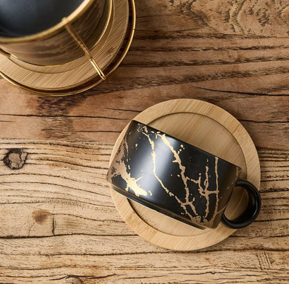 Taza de café expreso de porcelana con platillo y soporte de metal, 6 onzas líquidas apilables de cerámica Demitasse