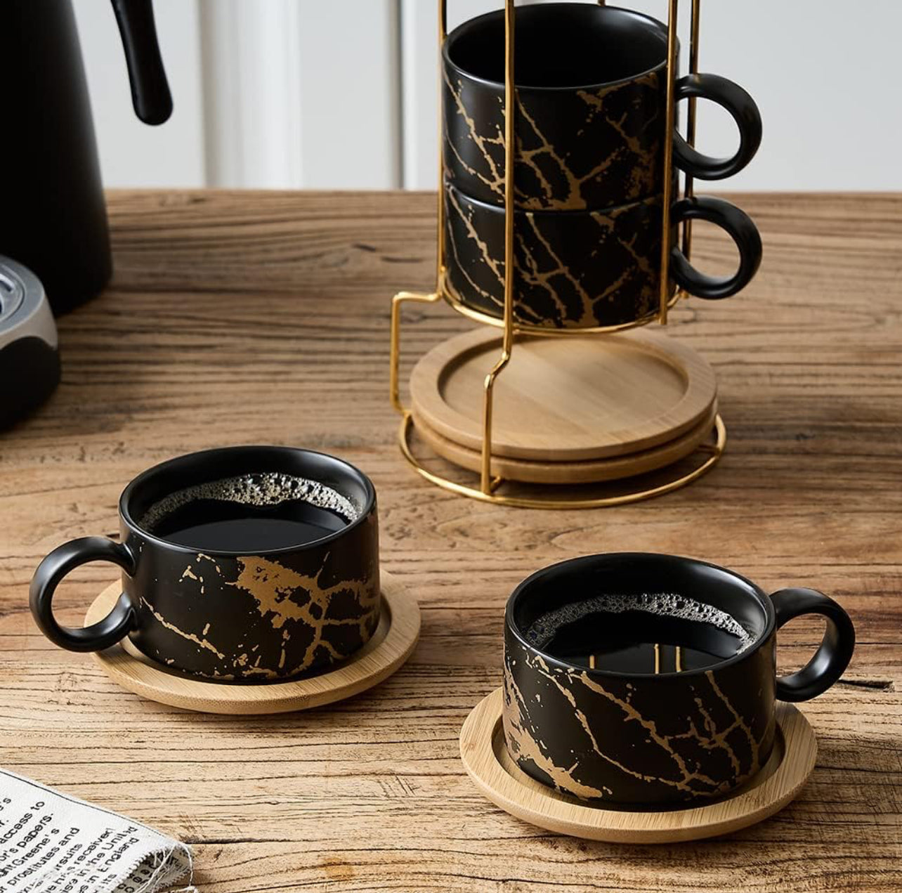 Taza de café expreso de porcelana con platillo y soporte de metal, 6 onzas líquidas apilables de cerámica Demitasse