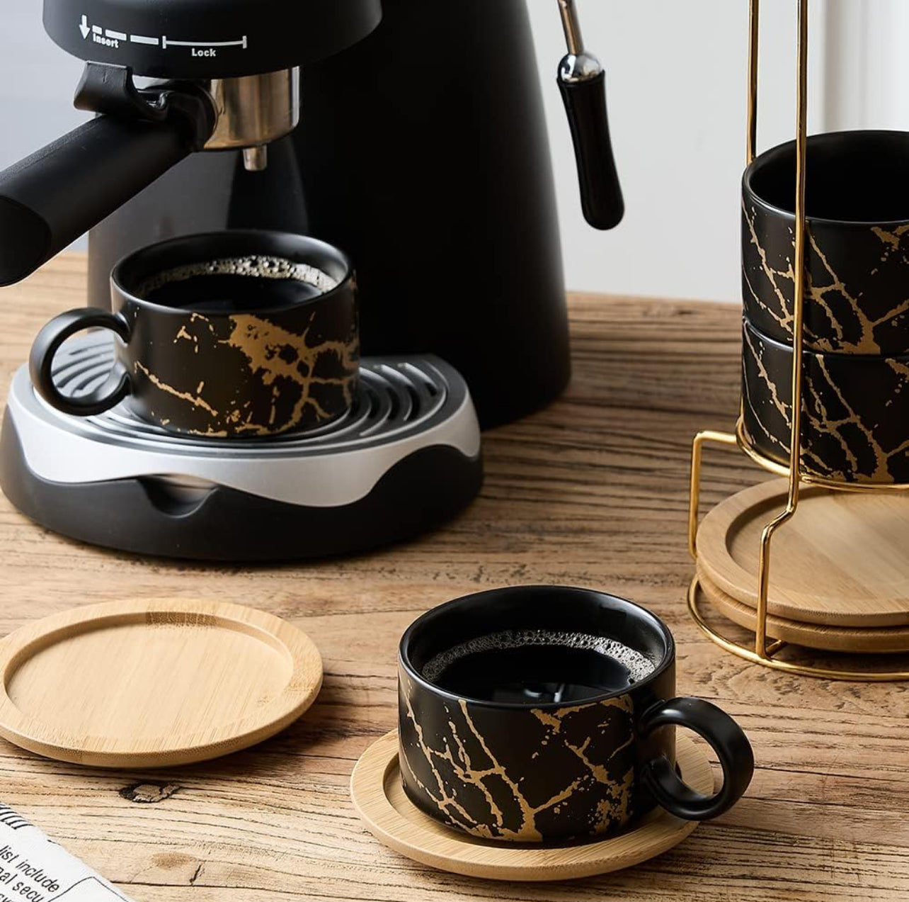 Taza de café expreso de porcelana con platillo y soporte de metal, 6 onzas líquidas apilables de cerámica Demitasse