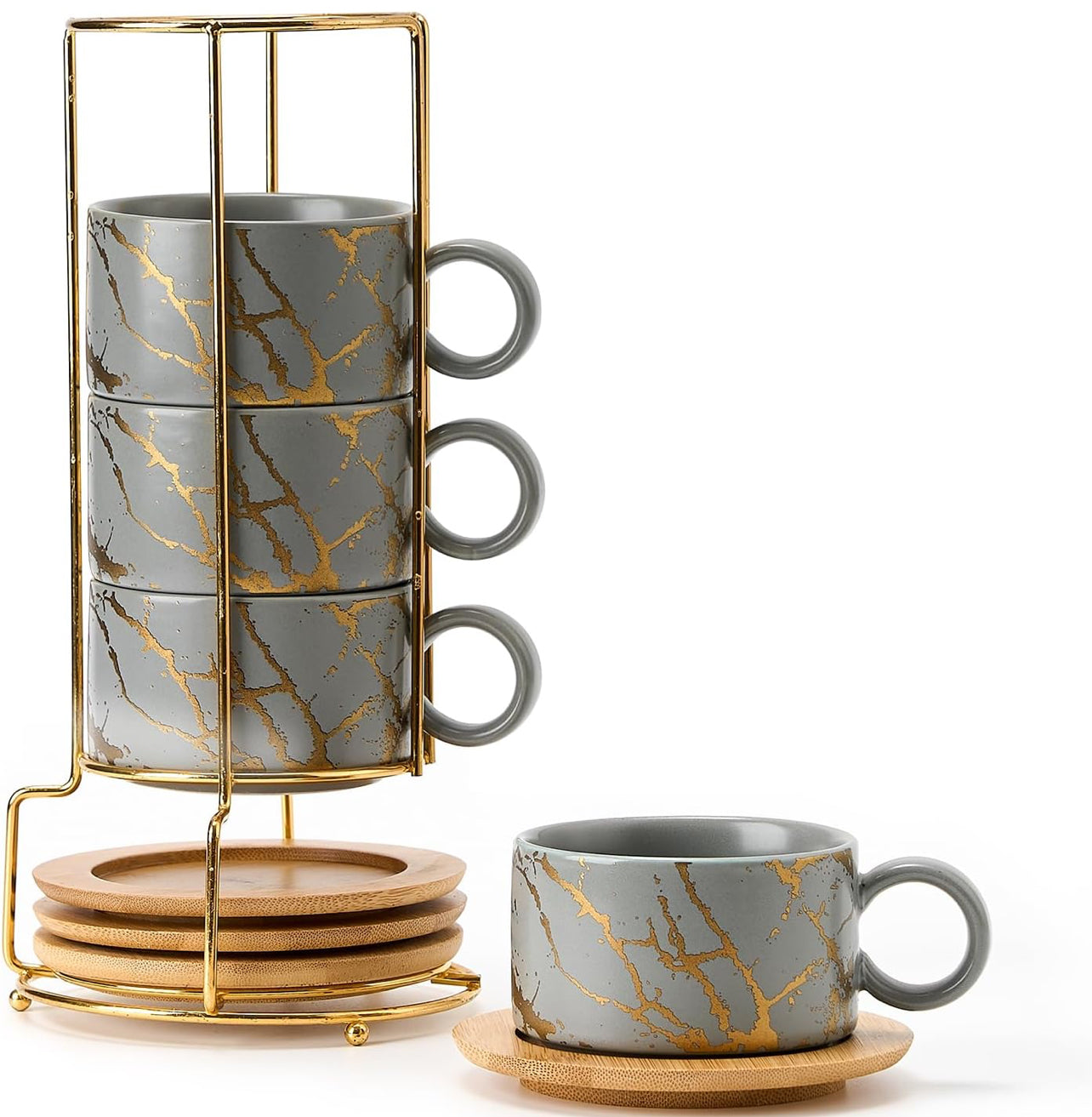 Taza de café expreso de porcelana con platillo y soporte de metal, 6 onzas líquidas apilables de cerámica Demitasse