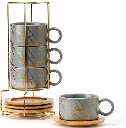 Taza de café expreso de porcelana con platillo y soporte de metal, 6 onzas líquidas apilables de cerámica Demitasse