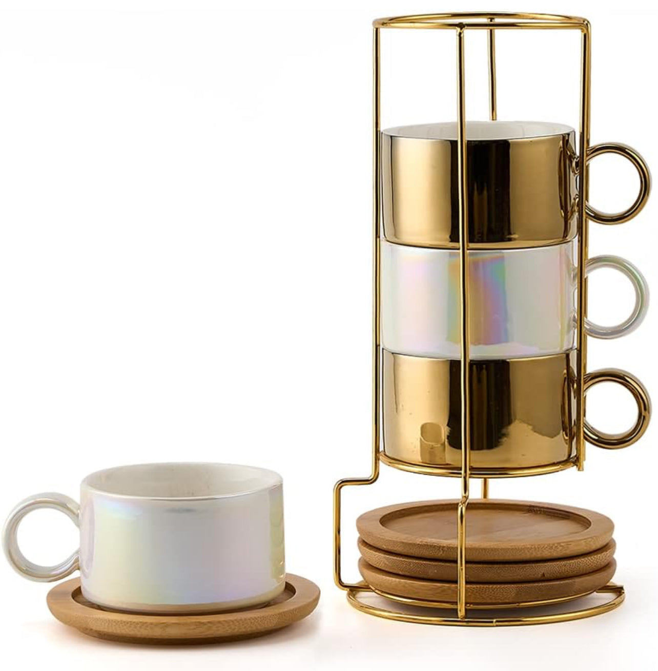 Taza de café expreso de porcelana con platillo y soporte de metal, 6 onzas líquidas apilables de cerámica Demitasse