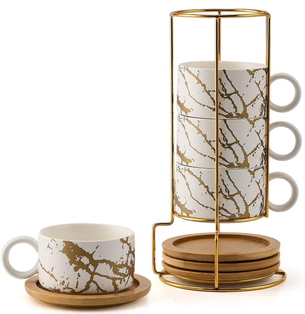 Taza de café expreso de porcelana con platillo y soporte de metal, 6 onzas líquidas apilables de cerámica Demitasse