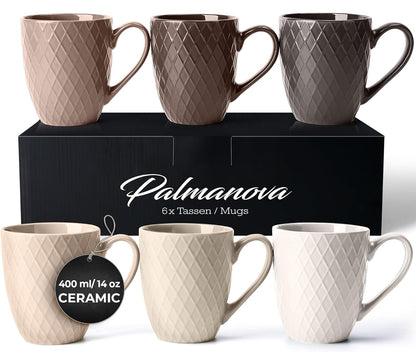 Juego de 6 tazas de café / Tazas de café - Tazas de cerámica de 6 x 14 onzas - Tazas de café grandes - Aptas para microondas y lavavajillas - Colección Palmanova 