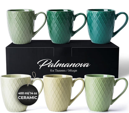 Juego de 6 tazas de café / Tazas de café - Tazas de cerámica de 6 x 14 onzas - Tazas de café grandes - Aptas para microondas y lavavajillas - Colección Palmanova 