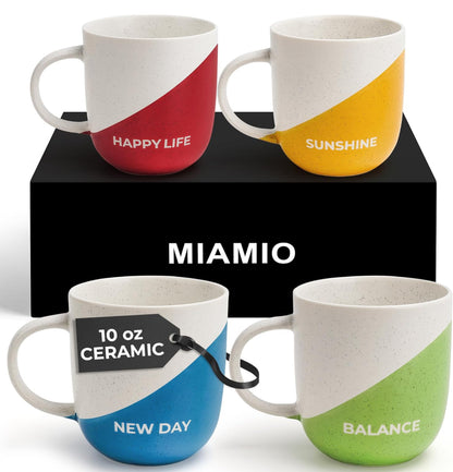 Juego de 4 tazas de café inspiradoras de 10 onzas con refranes/regalos para esposa, marido, mujeres, hombres, familia, amigos, microondas y lavavajillas (vida feliz)