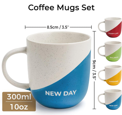 Juego de 4 tazas de café inspiradoras de 10 onzas con refranes/regalos para esposa, marido, mujeres, hombres, familia, amigos, microondas y lavavajillas (vida feliz)