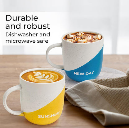 Juego de 4 tazas de café inspiradoras de 10 onzas con refranes/regalos para esposa, marido, mujeres, hombres, familia, amigos, microondas y lavavajillas (vida feliz)