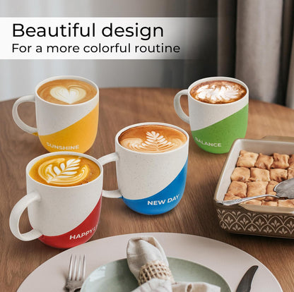 Juego de 4 tazas de café inspiradoras de 10 onzas con refranes/regalos para esposa, marido, mujeres, hombres, familia, amigos, microondas y lavavajillas (vida feliz)
