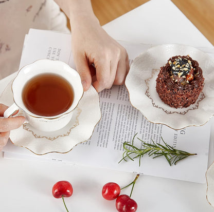 Tazas de té y platillos con borde dorado, juego de 6 (8,5 onzas), tazas de café con impresión de alivio de lujo con soporte de metal, juego de fiesta de té de porcelana 