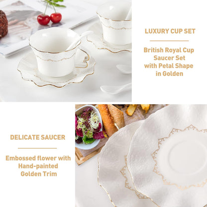 Tazas de té y platillos con borde dorado, juego de 6 (8,5 onzas), tazas de café con impresión de alivio de lujo con soporte de metal, juego de fiesta de té de porcelana 