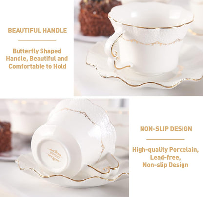 Tazas de té y platillos con borde dorado, juego de 6 (8,5 onzas), tazas de café con impresión de alivio de lujo con soporte de metal, juego de fiesta de té de porcelana 