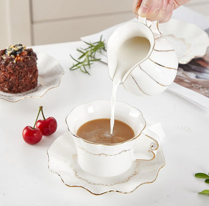 Tazas de té y platillos con borde dorado, juego de 6 (8,5 onzas), tazas de café con impresión de alivio de lujo con soporte de metal, juego de fiesta de té de porcelana 
