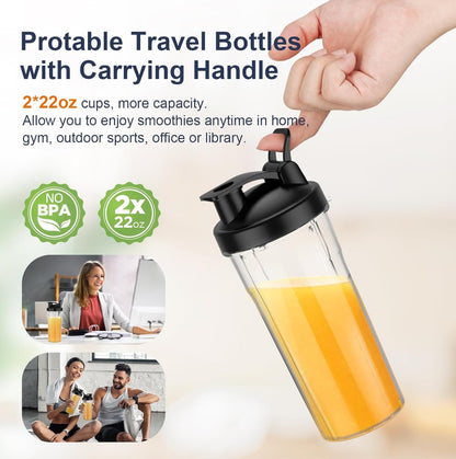 Licuadora de batidos, licuadora personal de 900 W para batidos y licuados de cocina con 2 vasos portátiles sin BPA de 22 onzas
