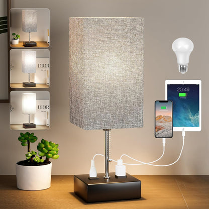 Lámpara pequeña de mesa de temperatura de 3 colores con puerto USB y toma de corriente alterna para lámparas con pantalla 