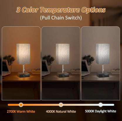 Lámpara pequeña de mesa de temperatura de 3 colores con puerto USB y toma de corriente alterna para lámparas con pantalla 