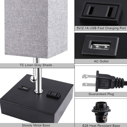 Lámpara pequeña de mesa de temperatura de 3 colores con puerto USB y toma de corriente alterna para lámparas con pantalla 