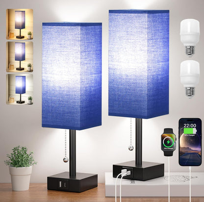 Juego de 2 lámparas de noche, color blanco, 3 temperaturas de color, carga USB, luz nocturna con cadena de tracción 