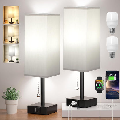 Juego de 2 lámparas de noche, color blanco, 3 temperaturas de color, carga USB, luz nocturna con cadena de tracción 