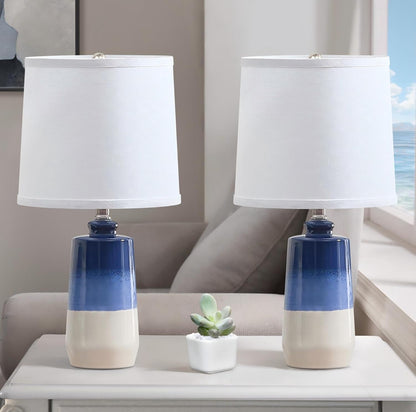 Juego de 2 lámparas de cerámica azul de 20,5 pulgadas para mesita de noche, lámparas de mesa azules para sala de estar, lámparas de mesa costeras para dormitorio 