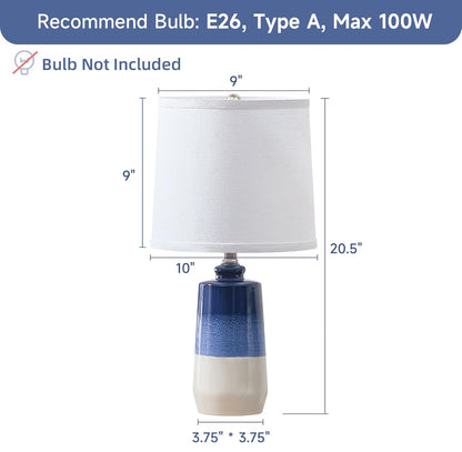 Juego de 2 lámparas de cerámica azul de 20,5 pulgadas para mesita de noche, lámparas de mesa azules para sala de estar, lámparas de mesa costeras para dormitorio 