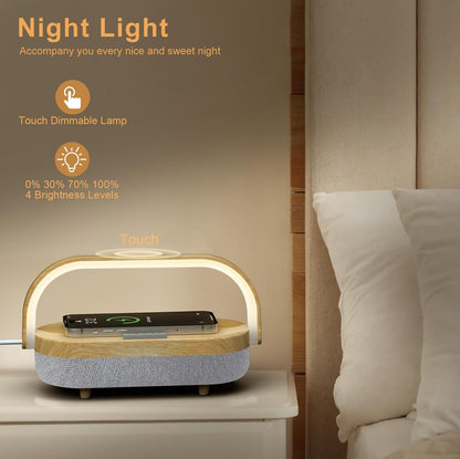 Lámpara de noche LED, lámparas táctiles para mesita de noche de dormitorio, lámpara de mesita de noche 4 en 1 con cargador inalámbrico, altavoz Bluetooth portátil 