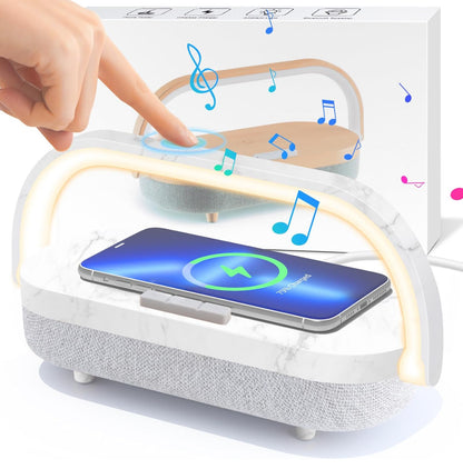 Lámpara de noche LED, lámparas táctiles para mesita de noche de dormitorio, lámpara de mesita de noche 4 en 1 con cargador inalámbrico, altavoz Bluetooth portátil 