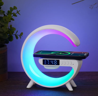 Mini lámpara de altavoz inalámbrico con reloj despertador, carga inalámbrica, luz de atmósfera, lámpara de mesita de noche regalos (blanco) 