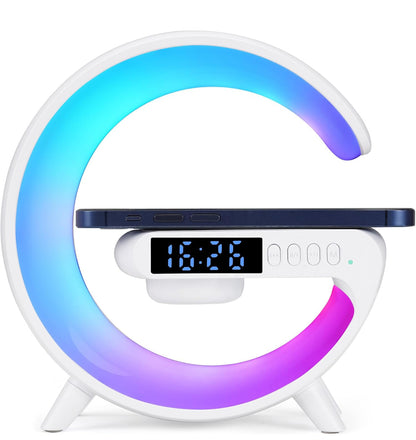 Mini lámpara de altavoz inalámbrico con reloj despertador, carga inalámbrica, luz de atmósfera, lámpara de mesita de noche regalos (blanco) 