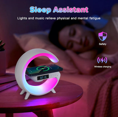 Mini lámpara de altavoz inalámbrico con reloj despertador, carga inalámbrica, luz de atmósfera, lámpara de mesita de noche regalos (blanco) 