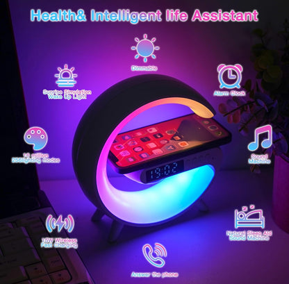 Mini lámpara de altavoz inalámbrico con reloj despertador, carga inalámbrica, luz de atmósfera, lámpara de mesita de noche regalos (blanco) 