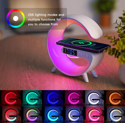 Mini lámpara de altavoz inalámbrico con reloj despertador, carga inalámbrica, luz de atmósfera, lámpara de mesita de noche regalos (blanco) 