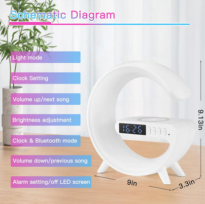 Mini lámpara de altavoz inalámbrico con reloj despertador, carga inalámbrica, luz de atmósfera, lámpara de mesita de noche regalos (blanco) 