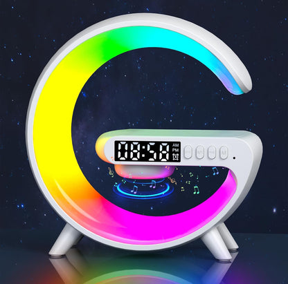 Mini lámpara de altavoz inalámbrico con reloj despertador, carga inalámbrica, luz de atmósfera, lámpara de mesita de noche regalos (blanco) 
