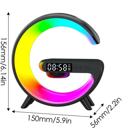 Mini lámpara de altavoz inalámbrico con reloj despertador, carga inalámbrica, luz de atmósfera, lámpara de mesita de noche regalos (blanco) 