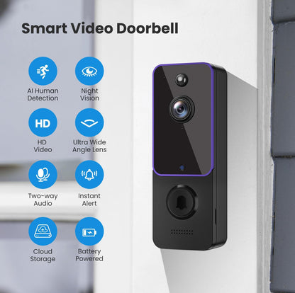 Cámara de timbre inalámbrica, cámara de vídeo inteligente con timbre, detección humana AI, audio bidireccional 