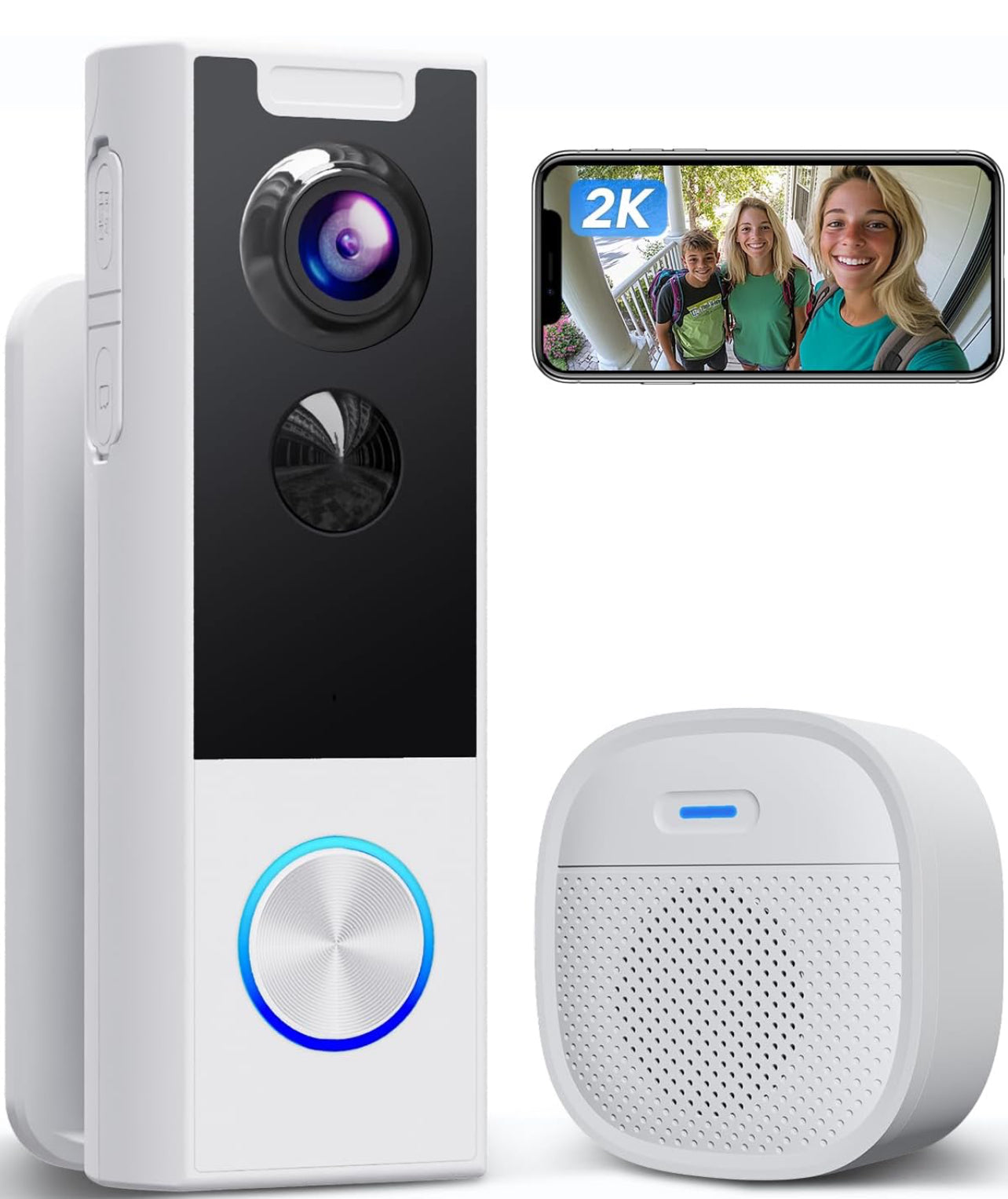 XTU Timbre inalámbrico sin suscripción, timbre de vídeo 2K con timbre, audio de 2 vías, alerta instantánea, detección humana, visión nocturna, Wi-Fi 2.4G 